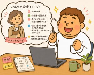 ペルソナ設定のイメージ図(保育園の園長先生を例にした人物像サンプル)