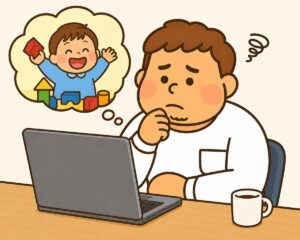パソコンの前で、園児の笑顔を思い浮かべながら悩んでいる保育士のイラスト